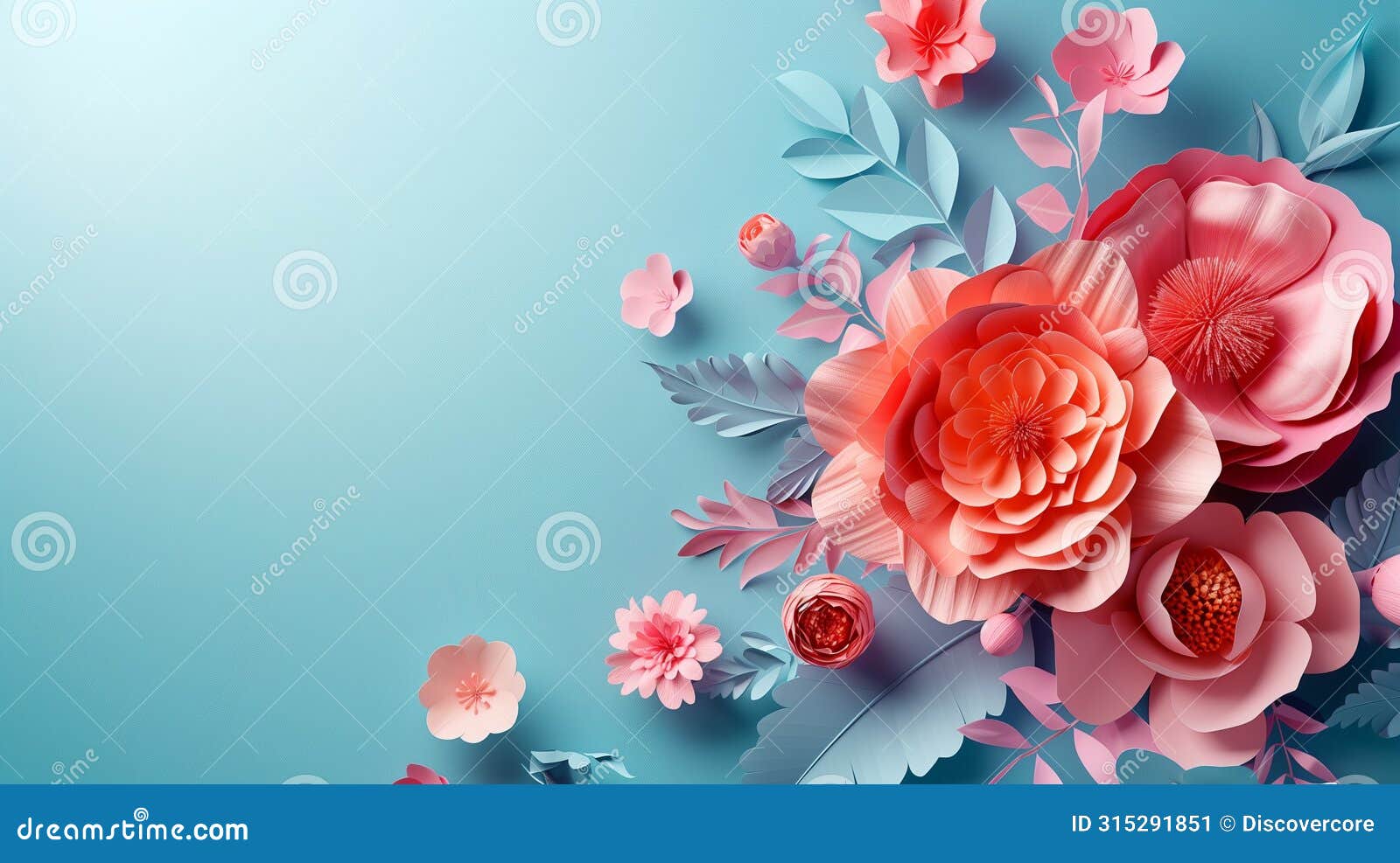 peach paper flowers on serene blue background