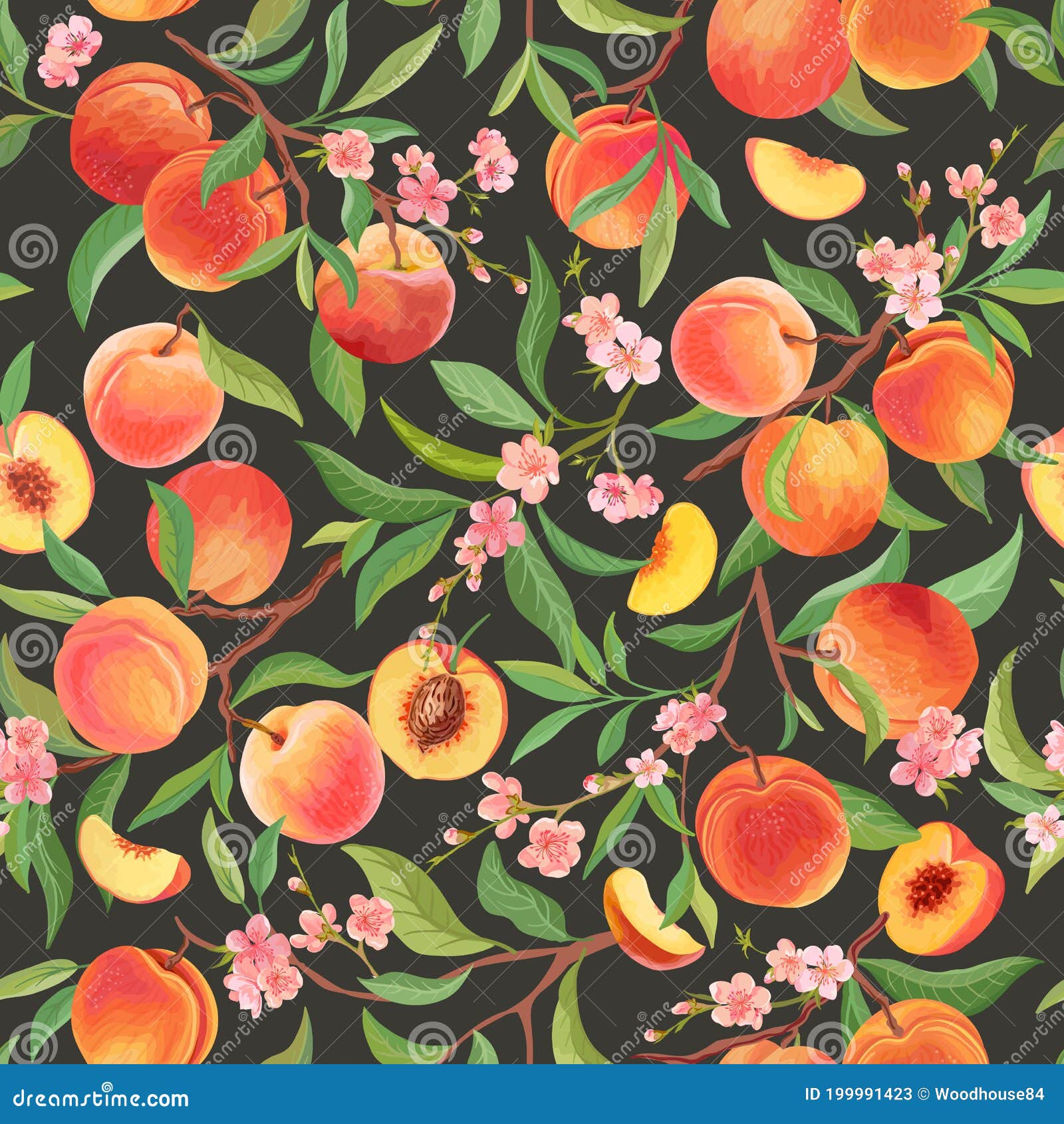 peach pattern with tropic fruits, leaves, flowers background. seamless texture  in watercolor style
