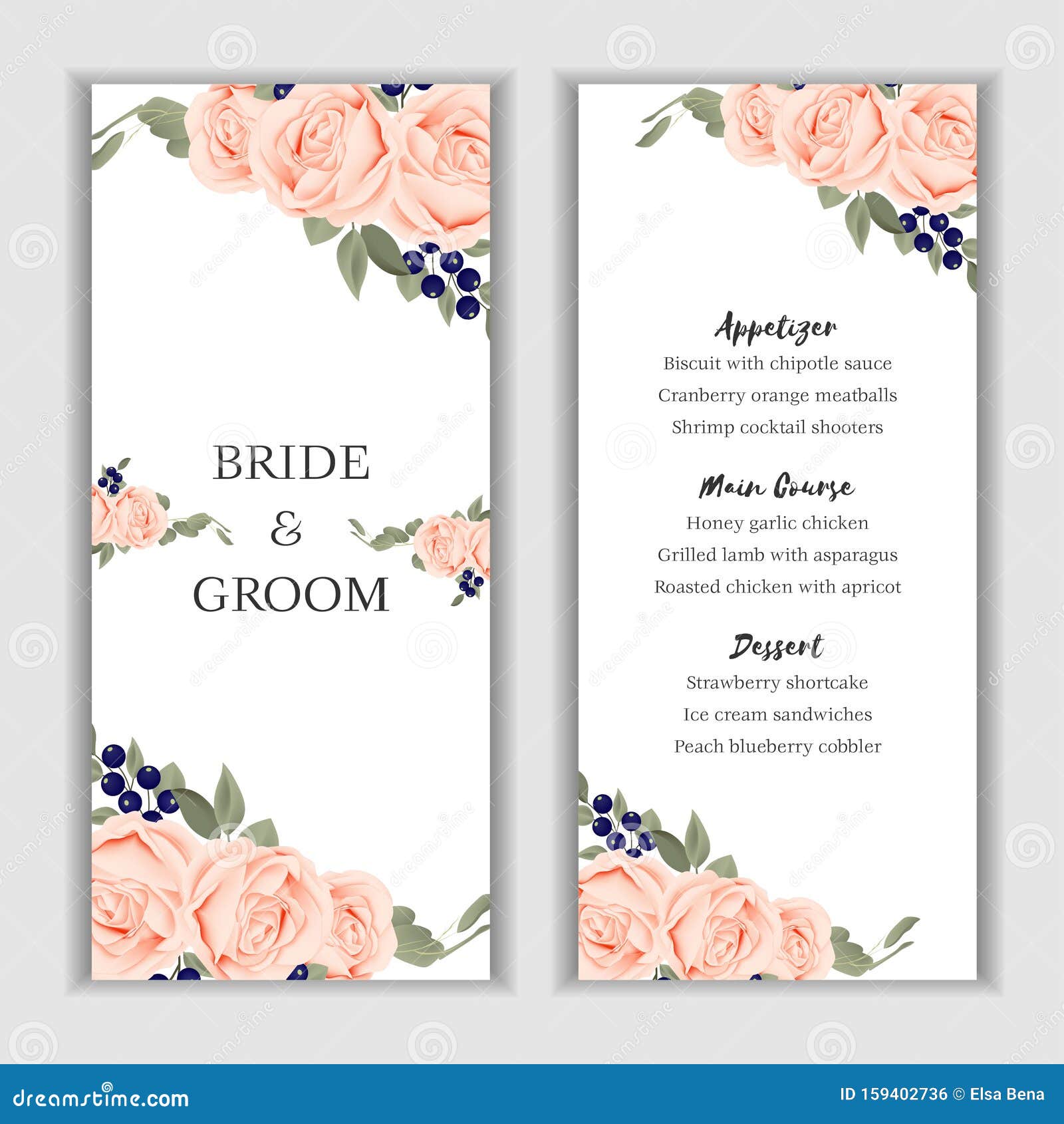 Peach Rose Flower Wedding Menu Card Template Stock Illustration