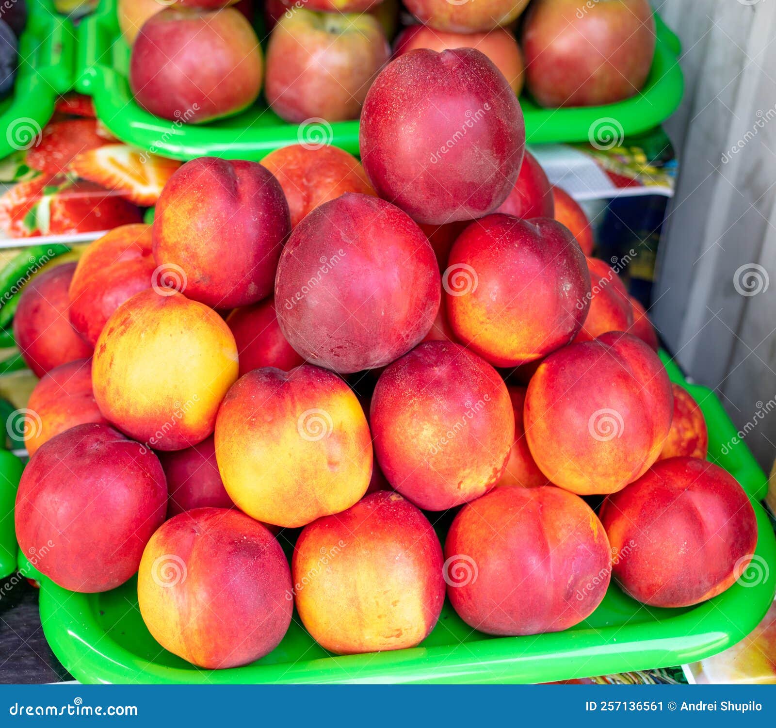 Peaches on the Counter in the Market. Stock Image Image of nectarines