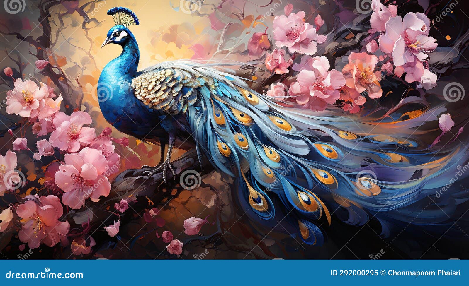 Peacock and Cherry Blossom. Digital Painting on Canvas. AI Generated