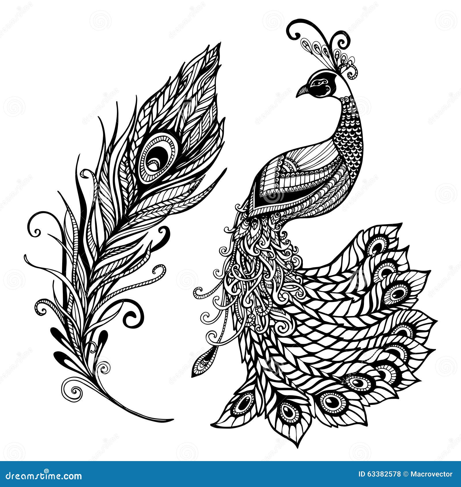 Peacock Feather Design Black Doodle Print Stock Vector