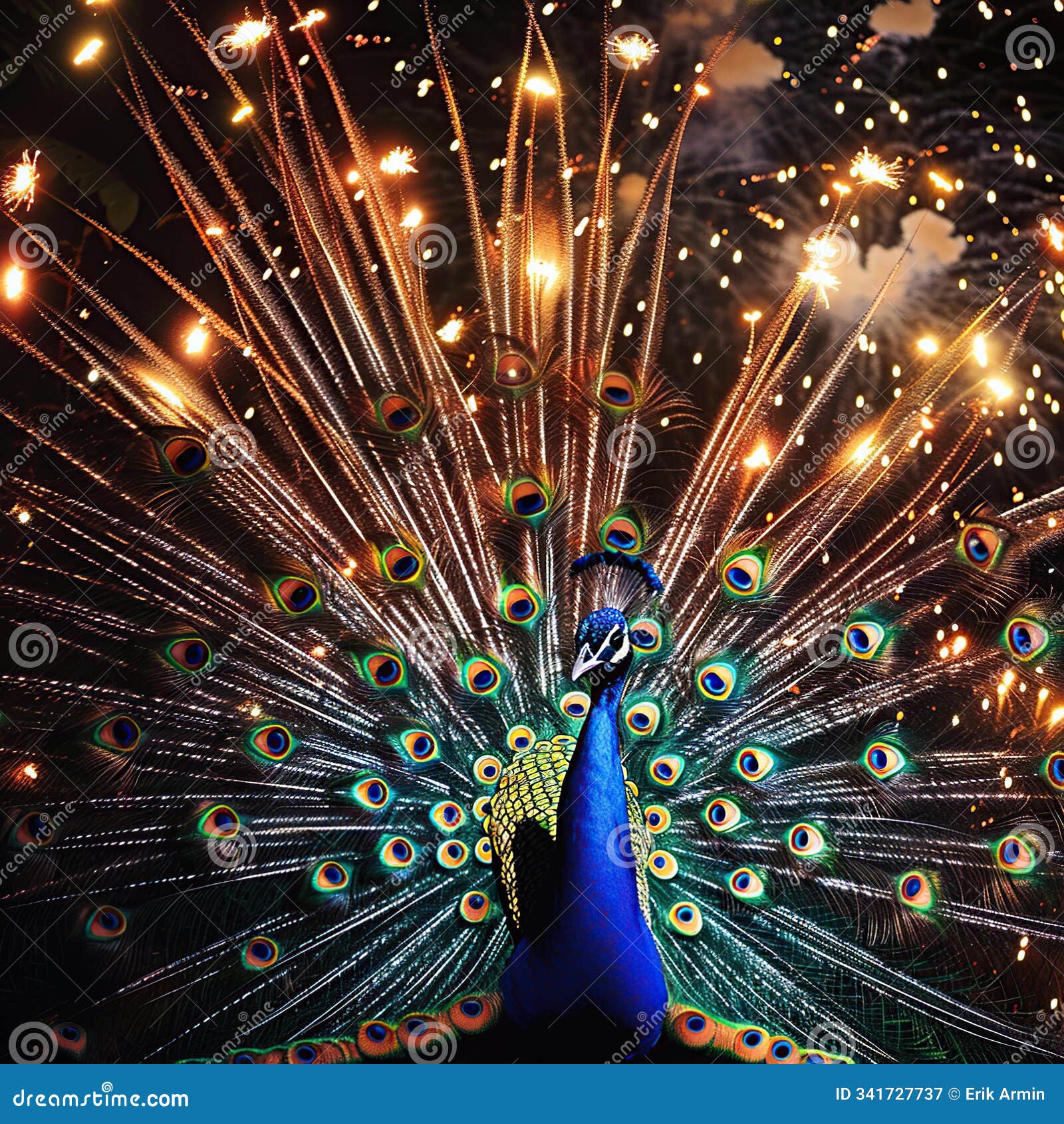 peacock with glowing feathers amidst diwali fireworks display