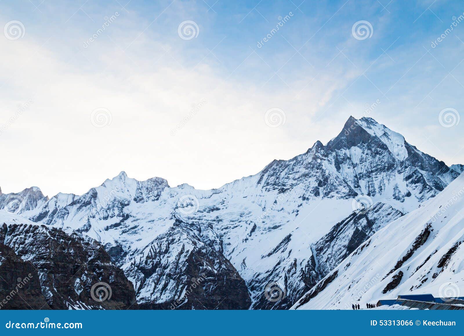 peak of mount machapuchare or popularly known as fish tail with the annapurna base camp beneath