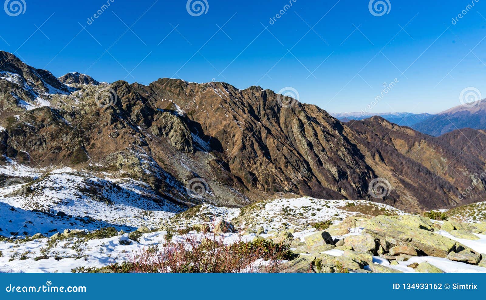 Peak Of The Mountain Covered By Snow Winter In Sochi Russia Stock