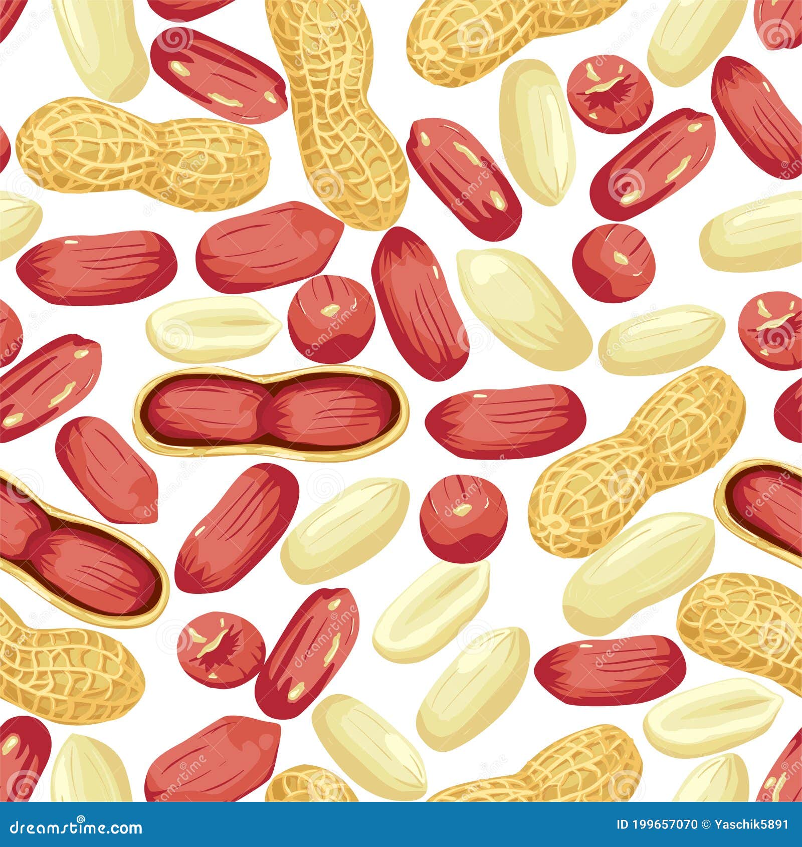 peanut nut seed whole and shelled, peanuts in pod seamless pattern.