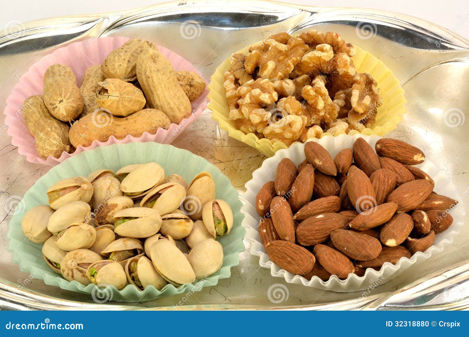 Peanuts, Pistachios, Almonds and Walnuts. Stock Photo Image of tray