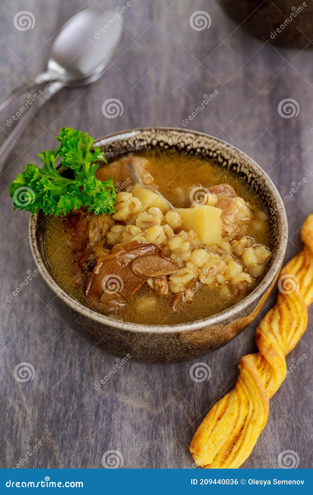 Pearl Barley Soup with Mushrooms and Potato Stock Photo - Image of ...