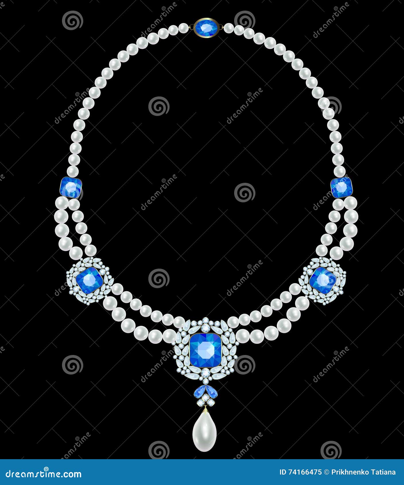 Pearl Necklace with Sapphires Stock Vector Illustration of blue, gold