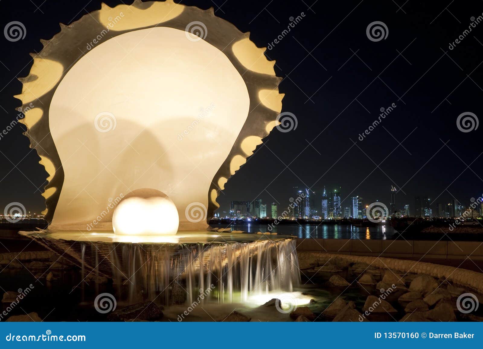 pearl & oyster, corniche, doha, qatar at night