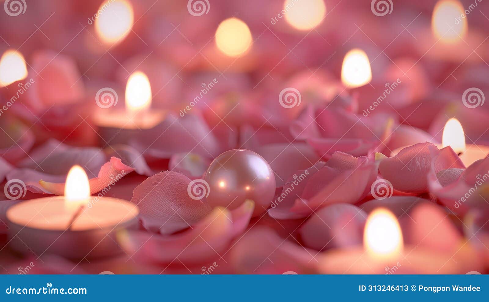 pearl rests on pink satin rose petals, bathed in the soft glow of candles background