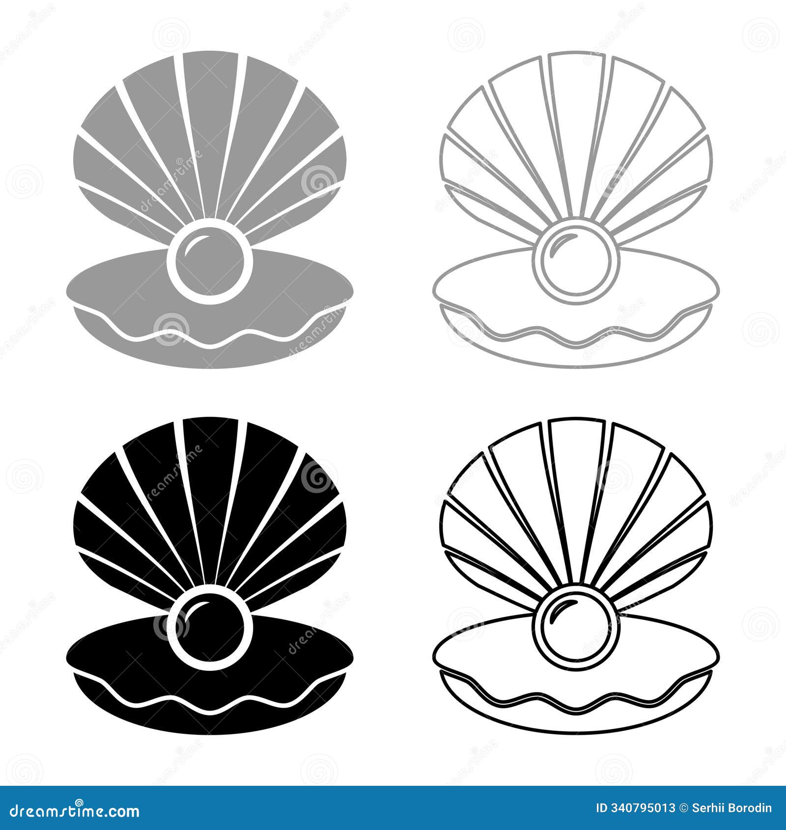 pearl in seashell shell with pearlized inside open set icon grey black color   image solid fill outline contour