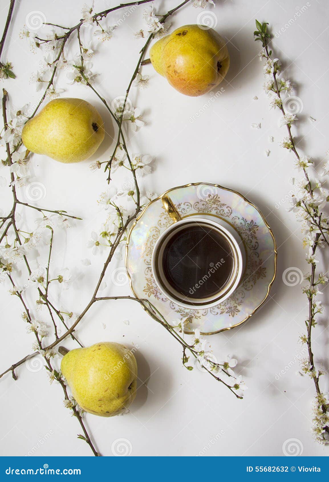 Pears Bloom with Cup of Coffee Stock Photo Image of background