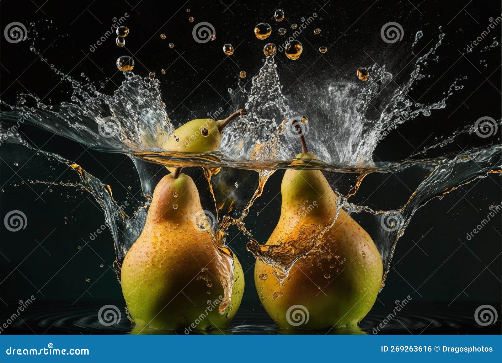Pears Splashed or Thrown in Water. Water Splash Fresh Fruit Creative