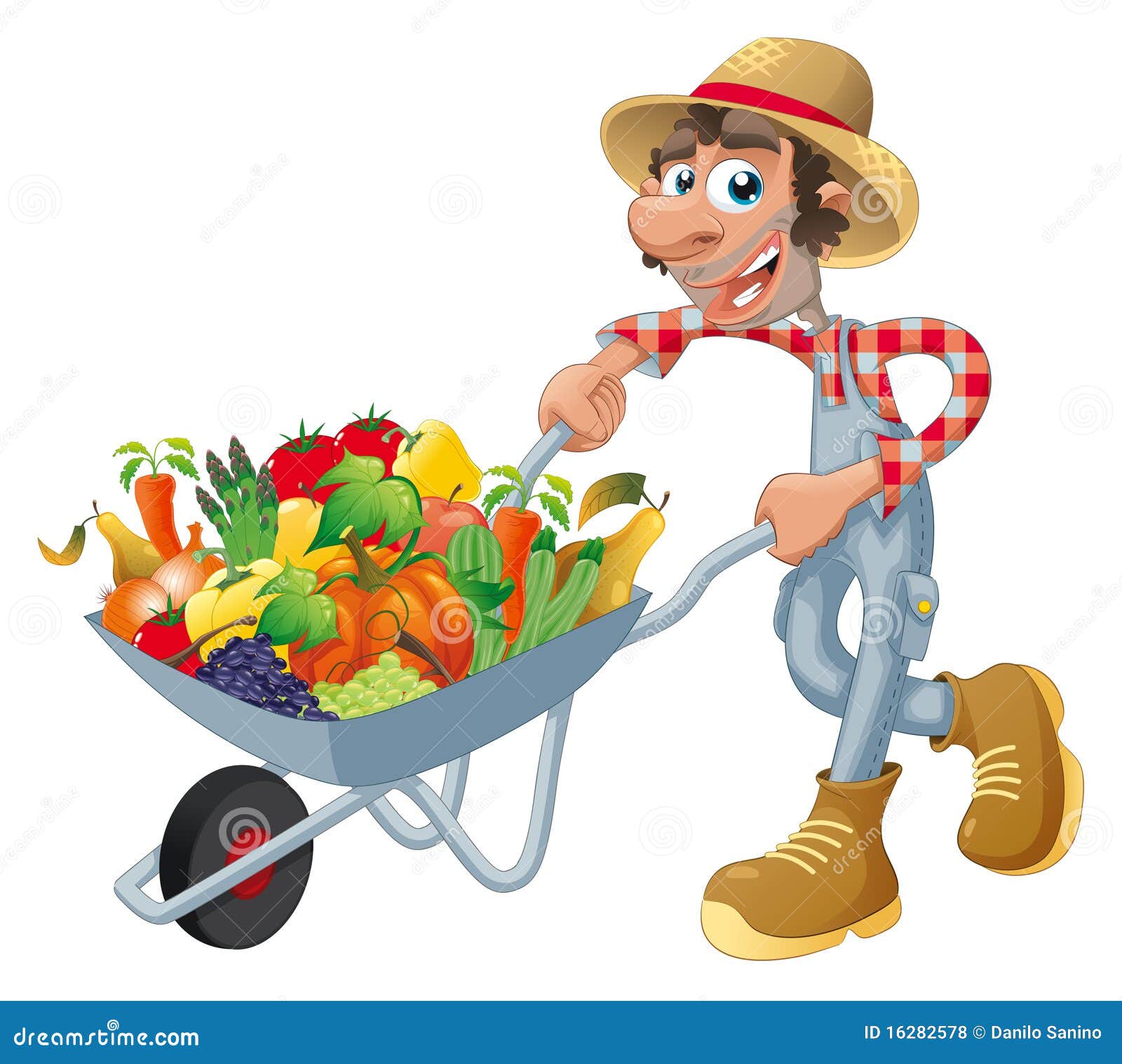 peasant with wheelbarrow, vegetables and fruits.