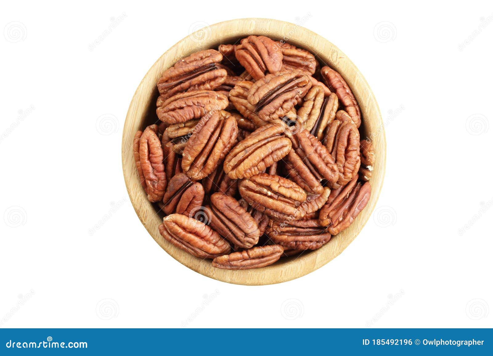 Pecan Nuts in Bamboo Bowl Isolated on White Background Stock Photo