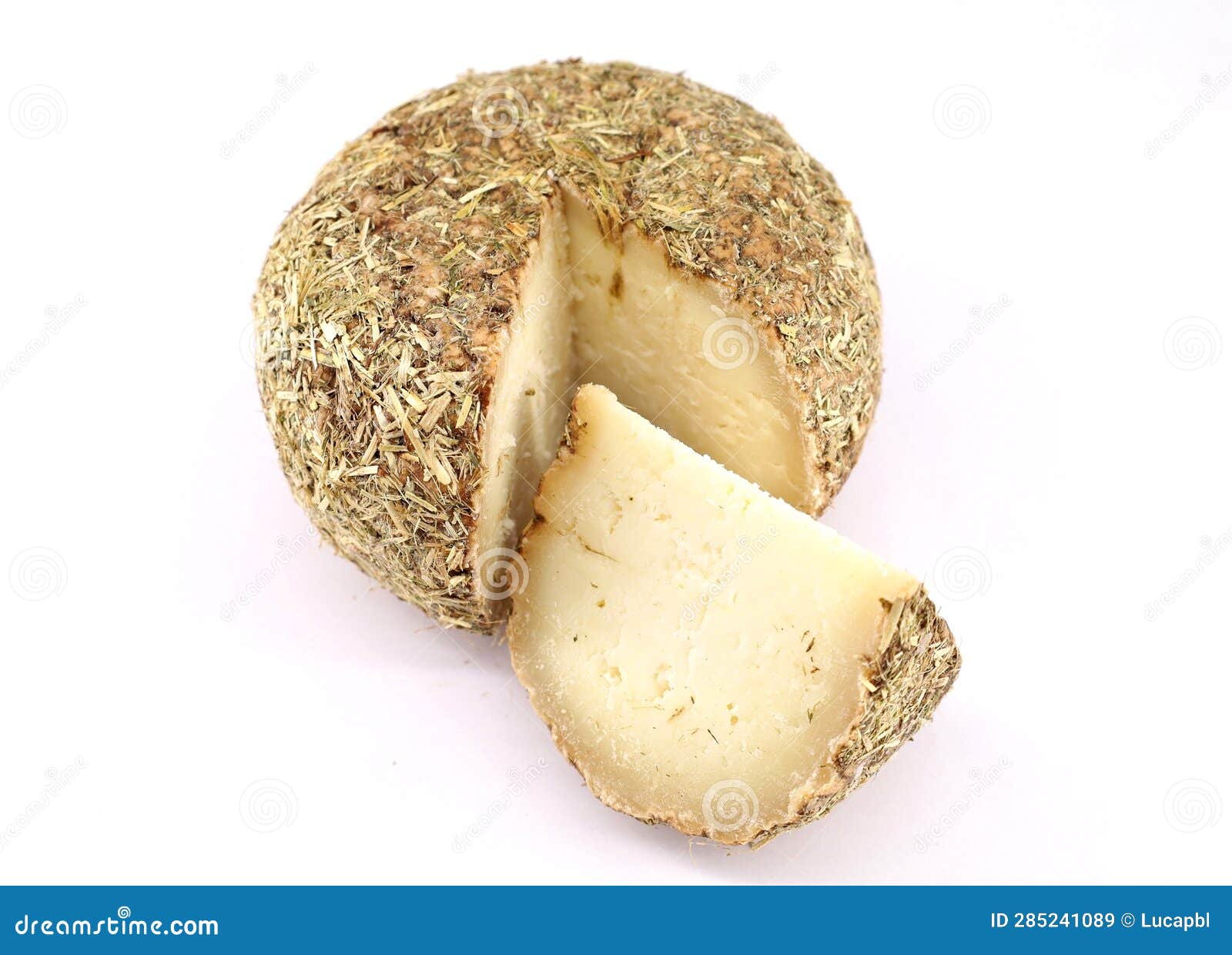 Pecorino Aged in Straw and Hay. Cheese Wheel and Slice Stock Image