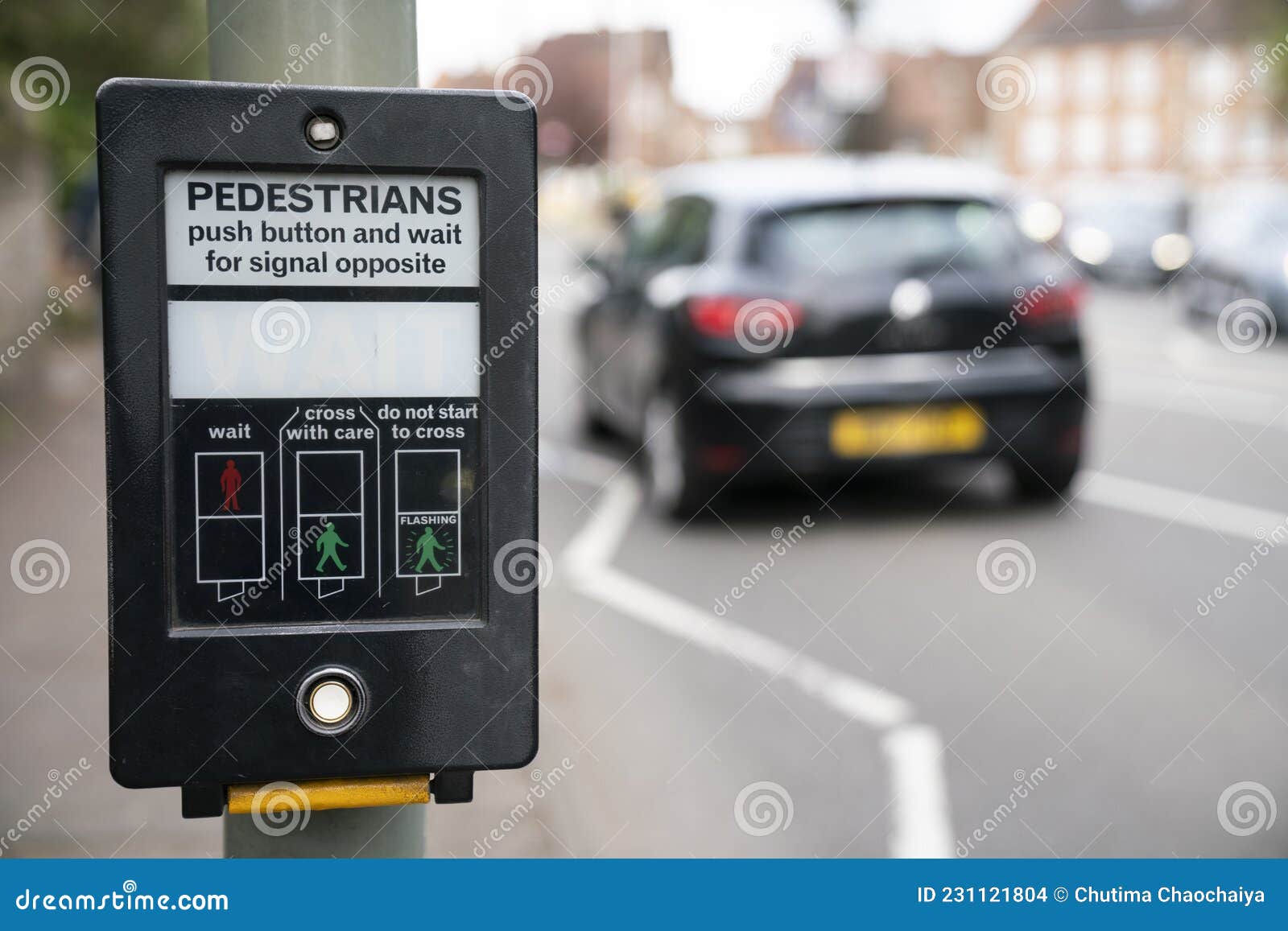 pedestrains push button and wait for signal opposite at crosswalk, traffic light at square in urban or city