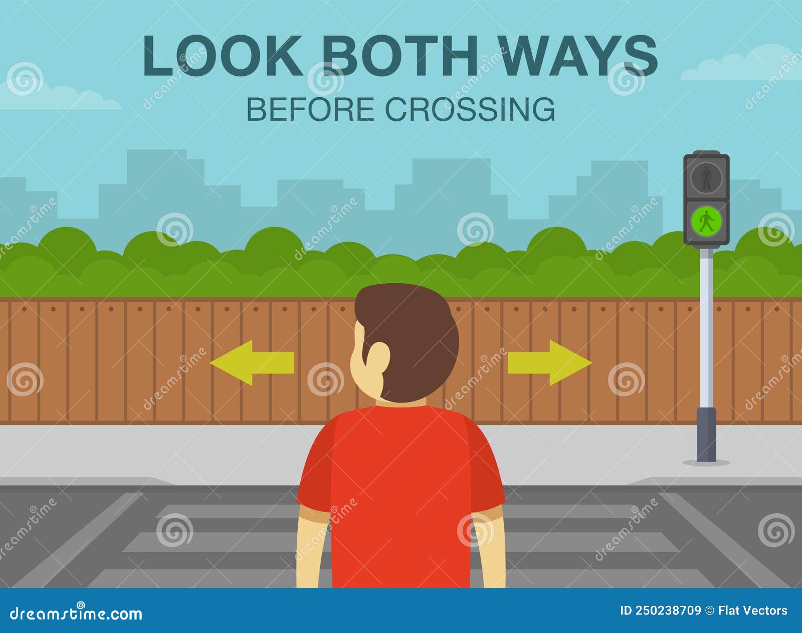 School children crossing road on crosswalk. Zebra crossing. Look right,  look left safety rule. Flat vector illustration template. Stock Vector