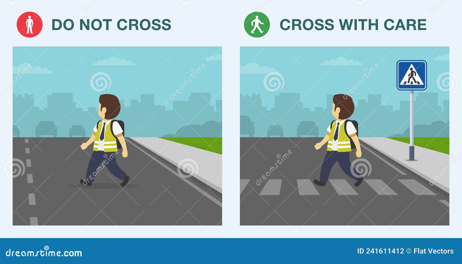 School children crossing road on crosswalk. Zebra crossing. Look right,  look left safety rule. Flat vector illustration template. Stock Vector