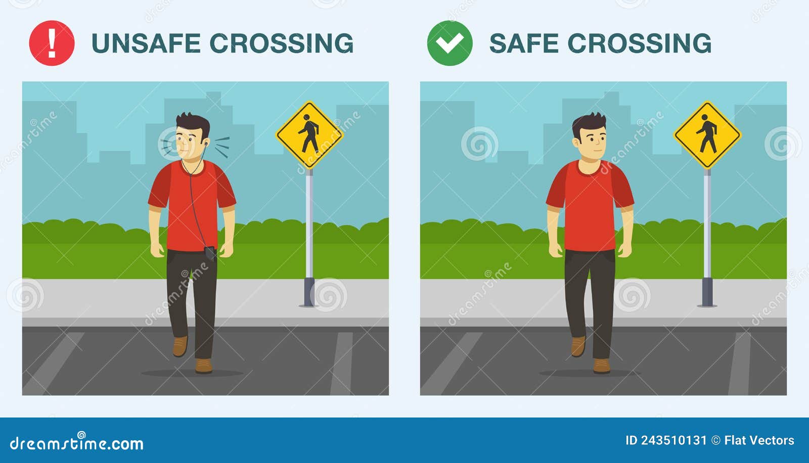 Pedestrian Safety Rules And Tips. Safe And Unsafe Street Crossing ...