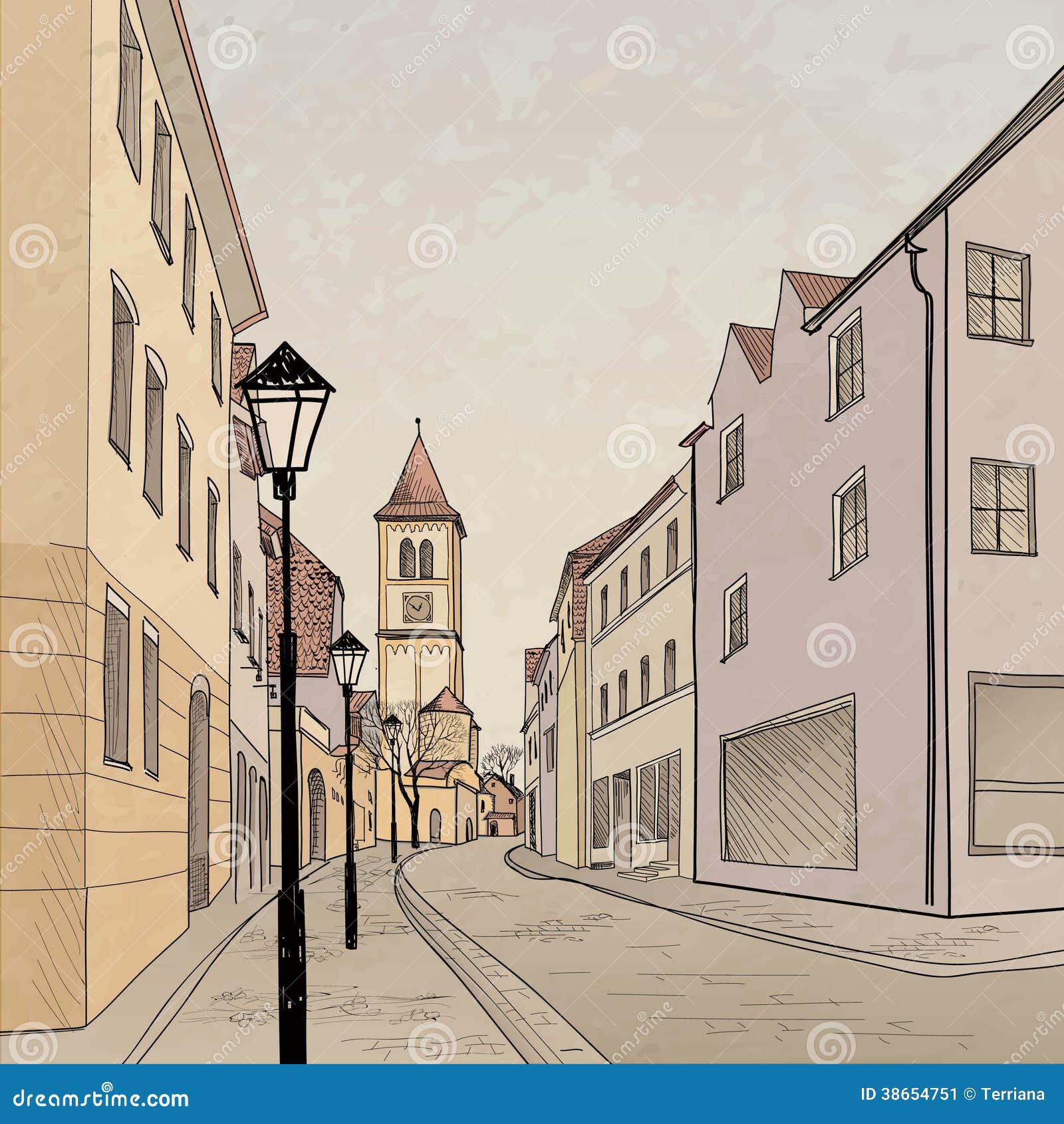 Sketch of a village with main street and church - a Royalty Free Stock  Photo from Photocase