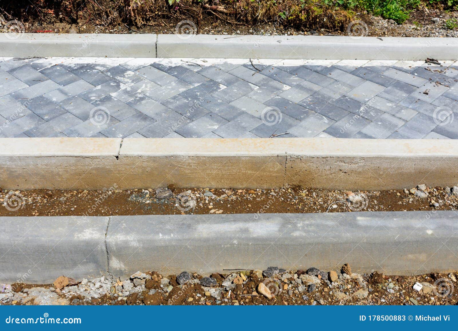 Pedestrian Walkway Construction. Brick Pavers Set Up In A Herringbone  Pattern Stock Image - Image Of Gray, Alignment: 178500883