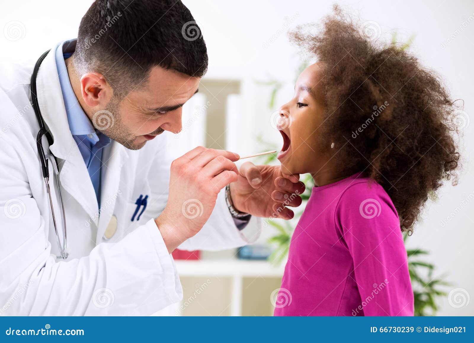 pediatrician examining cute smiling african girl, throat sick