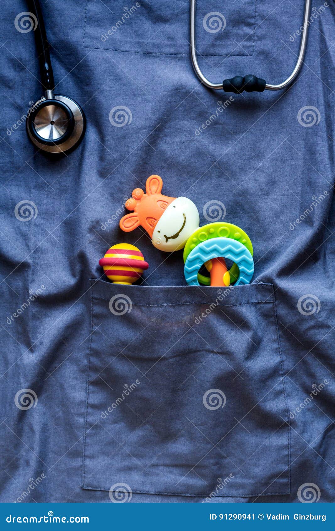 pediatrics pocket with toys on blue background top view space for text