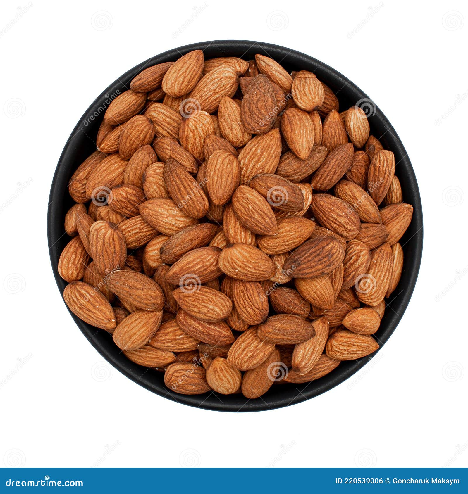 Peeled Almonds in a Bowl, Isolated on White, Top View. Stock Photo