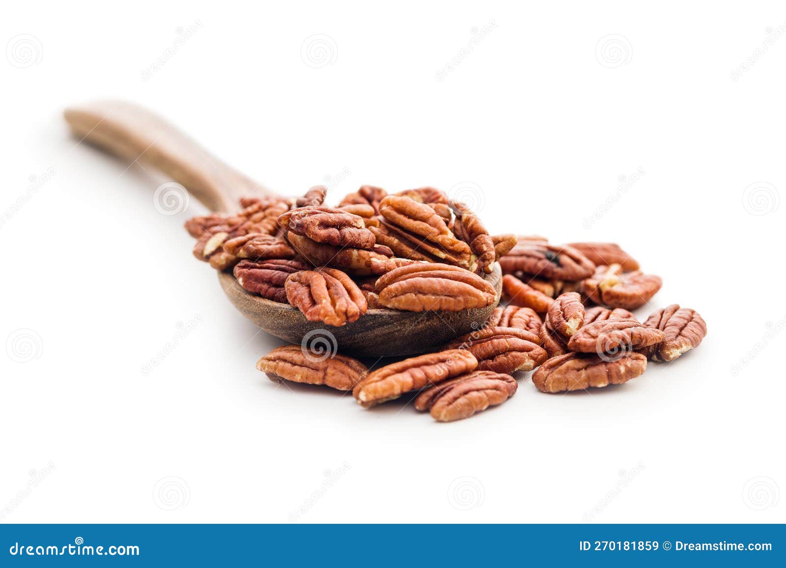 Peeled Pecan Nuts in Wooden Spoon Isolated on White Background Stock