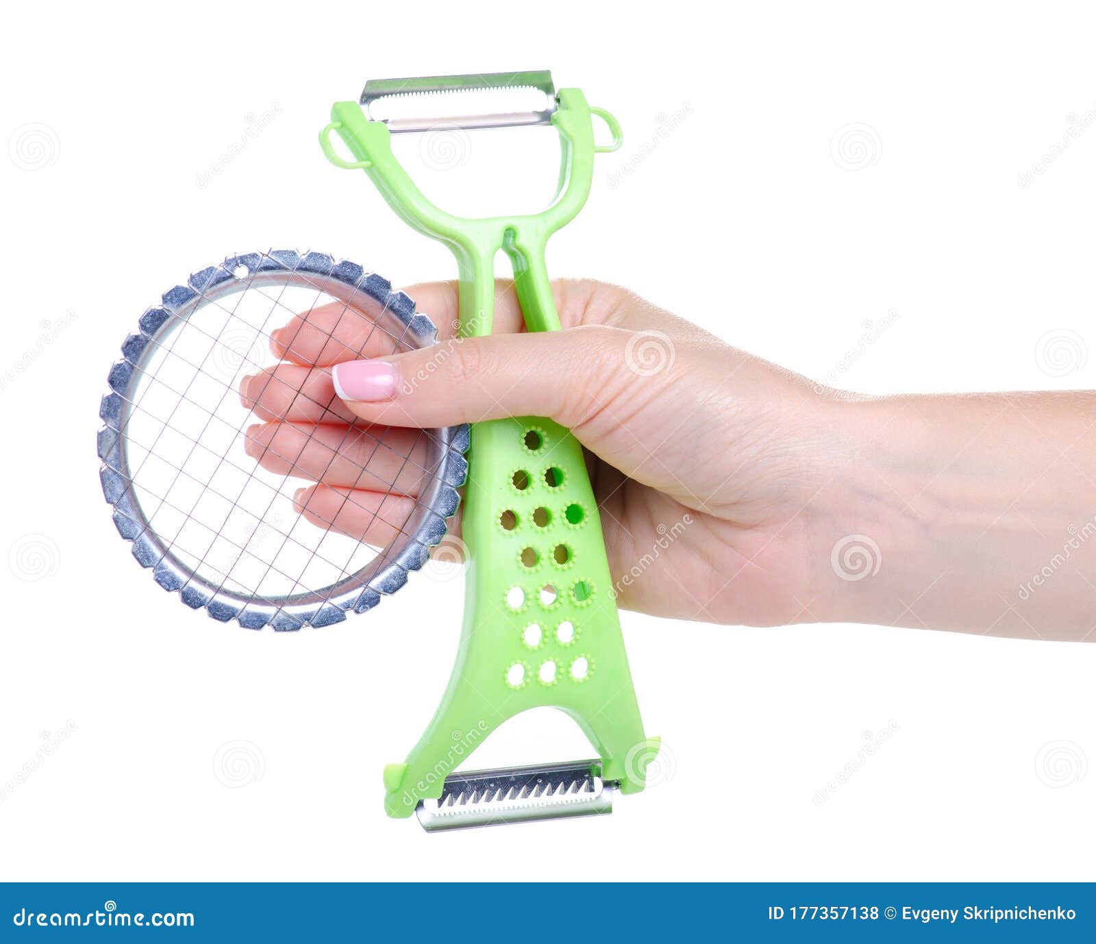 Peeler for Vegetables and Metal Grid Vegetable Cutter in Hand