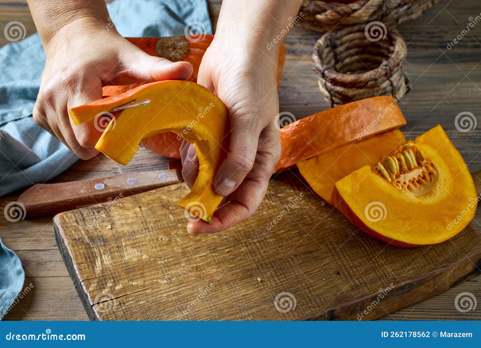 Peeling fresh pumpkin stock photo. Image of holiday 262178562