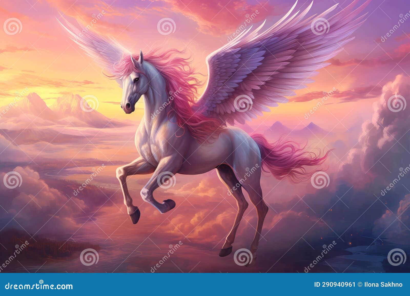 Pegasus. Flying Horse with Pink Wings in the Clouds Stock Illustration -  Illustration of myth, wings: 290940961