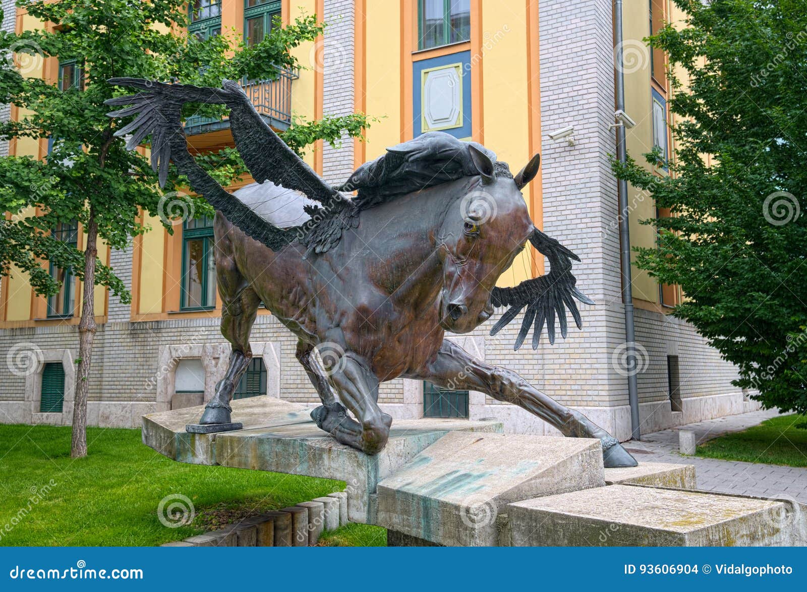 Pegasus statue in Budapest, Hungary. BUDAPEST, HUNGARY - JUNE 10, 2016: Shaman bronze statue, also called as Pegasus, created by Veres Kalman for EXPO-2000, since 2001 located in Budapest, Hungary, close to the West End City Center.