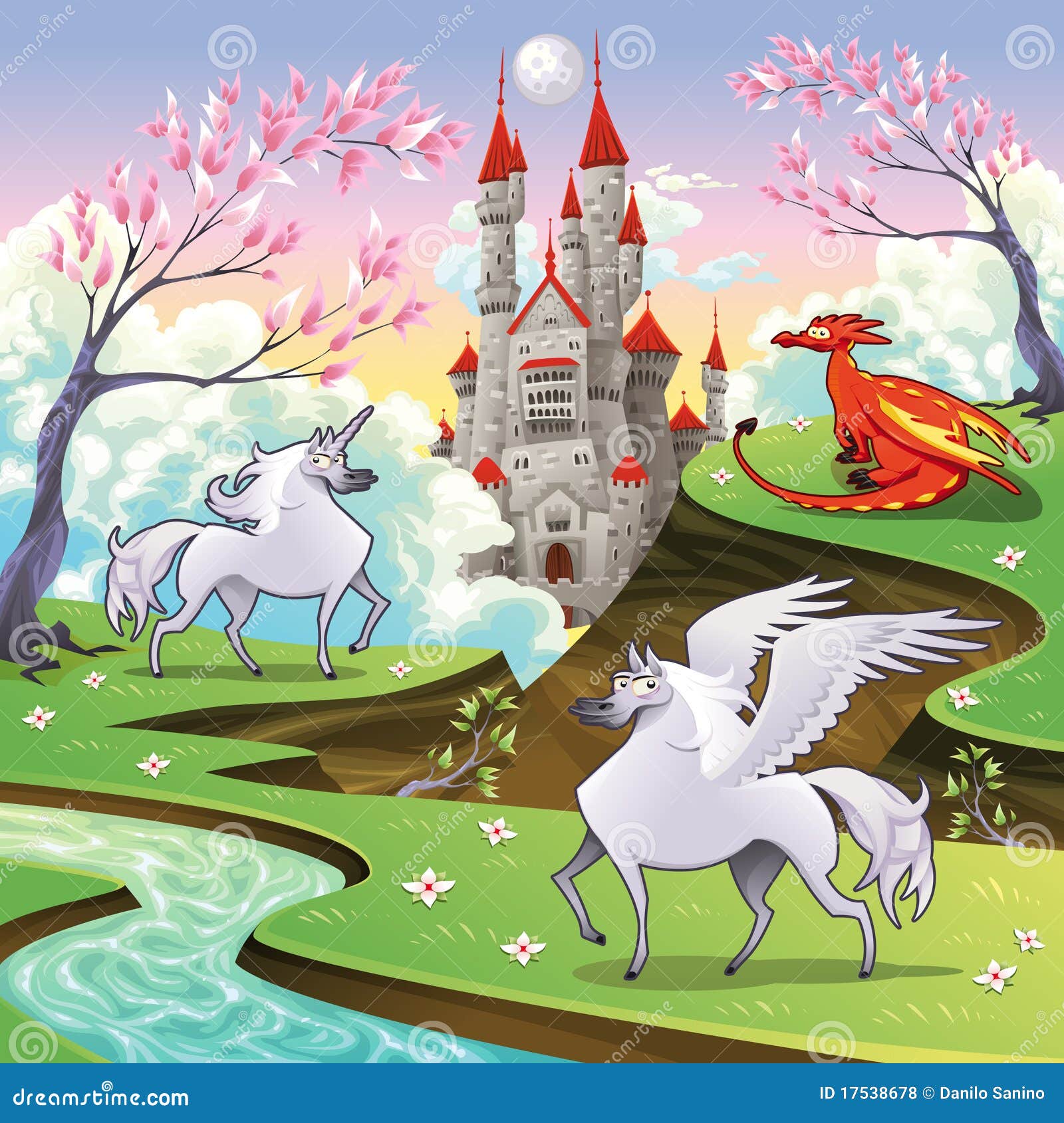 pegasus, unicorn and dragon in a mythological land