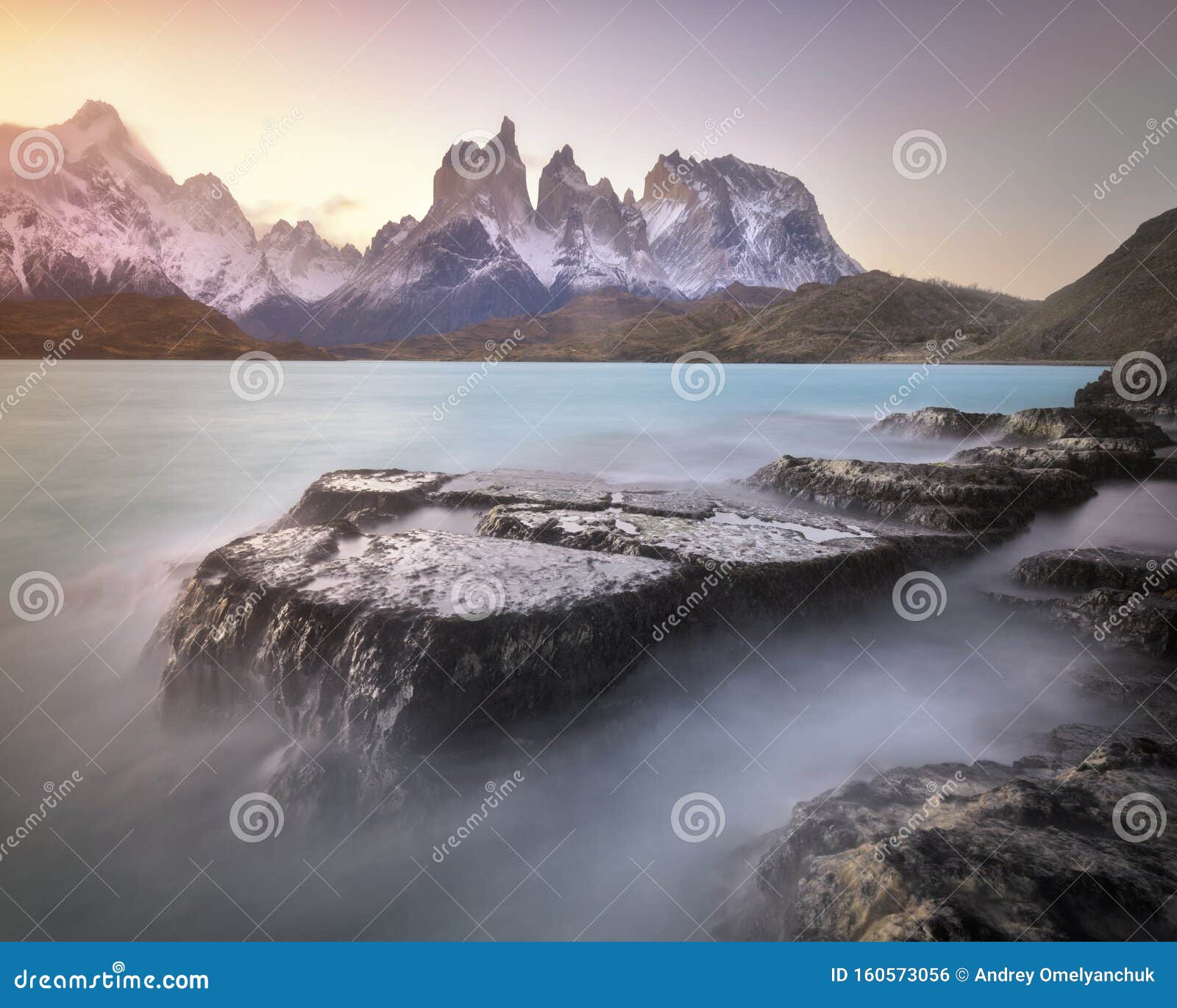 pehoe lake and cuernos peaks in the evening, torres del paine national park, chile