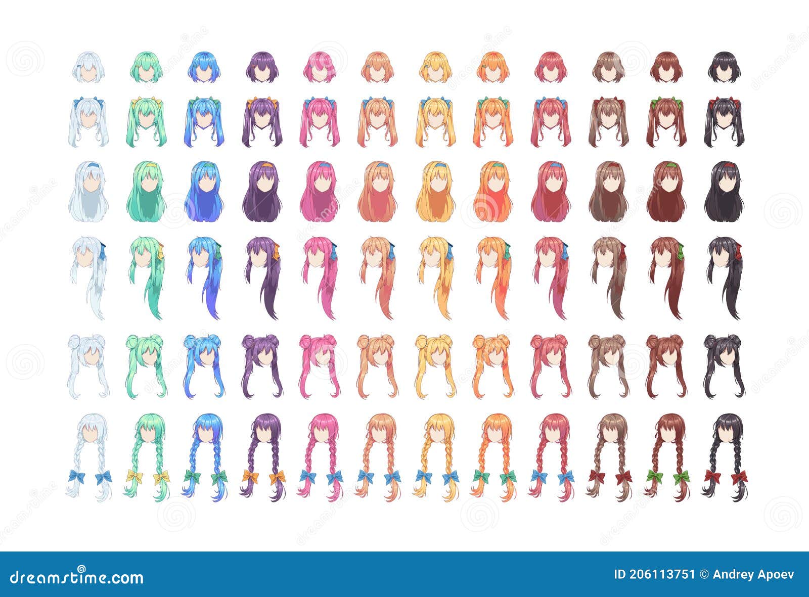 Peinados Multicolores De Anime Manga. Peinado Aislado Ilustración del  Vector - Ilustración de peluca, conjunto: 206113751