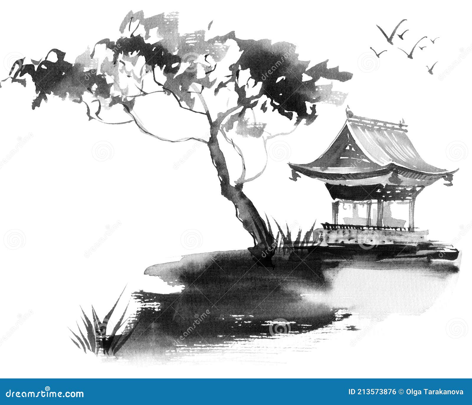 Arbre Japonais Dessin Noir Et Blanc Peint Par Arbre D'encre Et D'aquarelle Et Bâtiment Japonais Illustration Stock - Illustration du tourisme, extérieur: 213573876