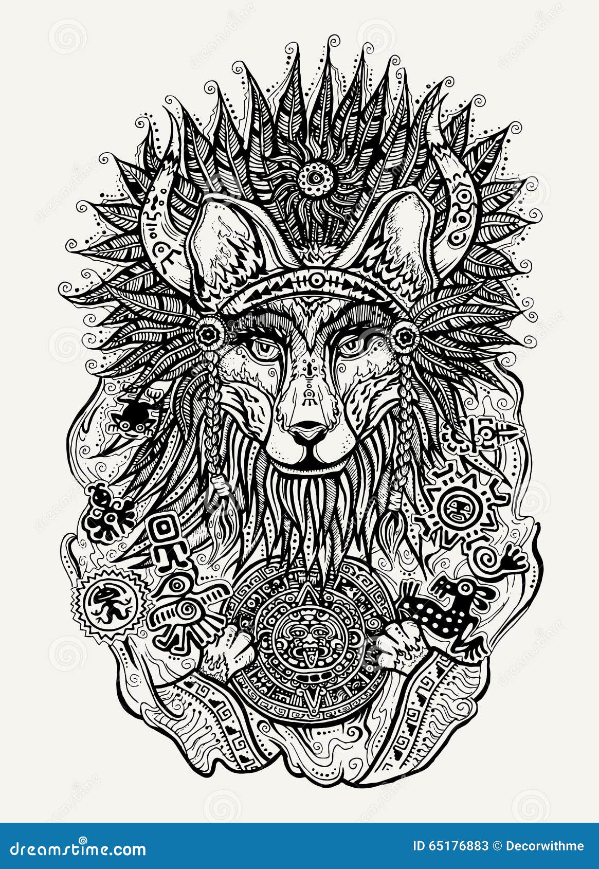 pen and ink  of indian fox holding mayan calendar