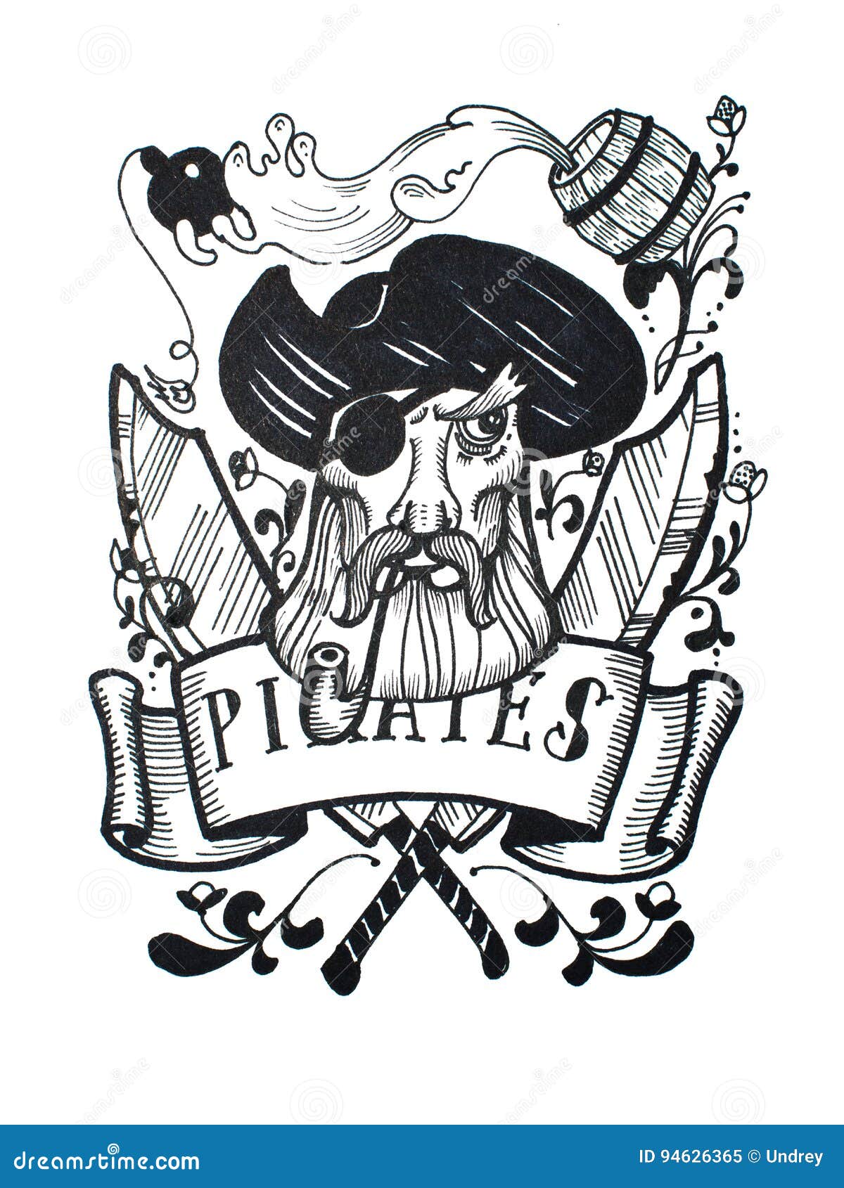 Pen and Ink Vintage Drawing of Pirate Captain for Tattoo or T-shirt Design  Stock Illustration - Illustration of handdrawn, sailor: 94626365