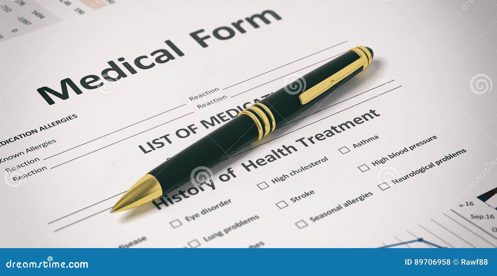 Pen on a Medical Form. 3d Illustration Stock Illustration
