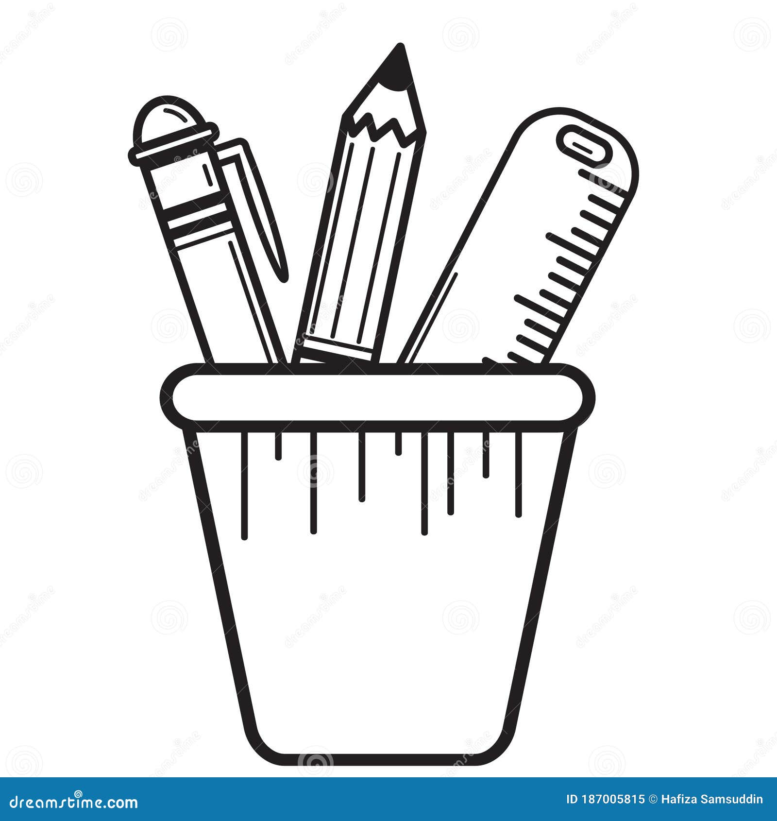Cartoon pencil holder. Black and white illustration of a cup filled with  pencils and a pen. | CanStock