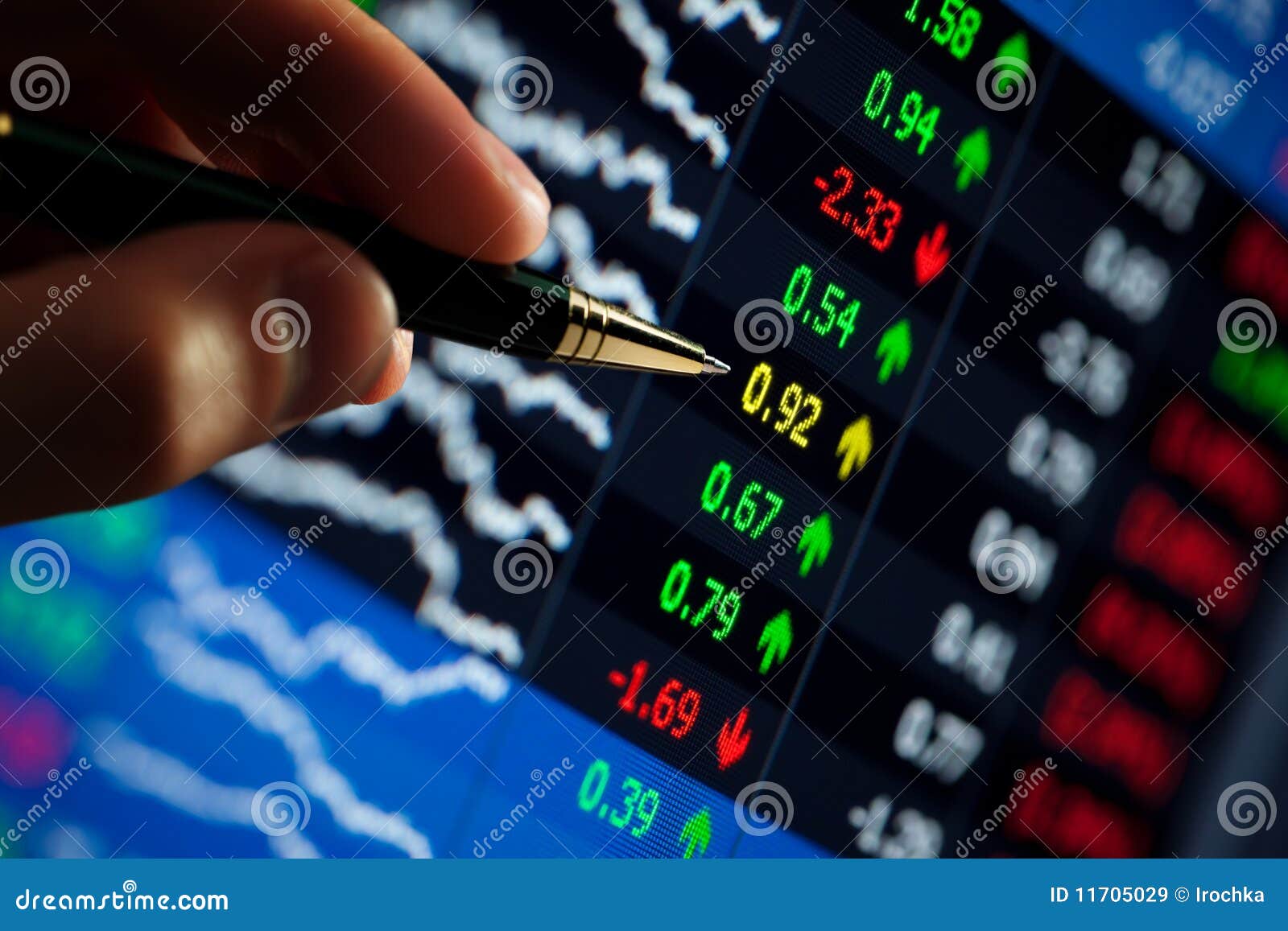 pen pointing at stock prices