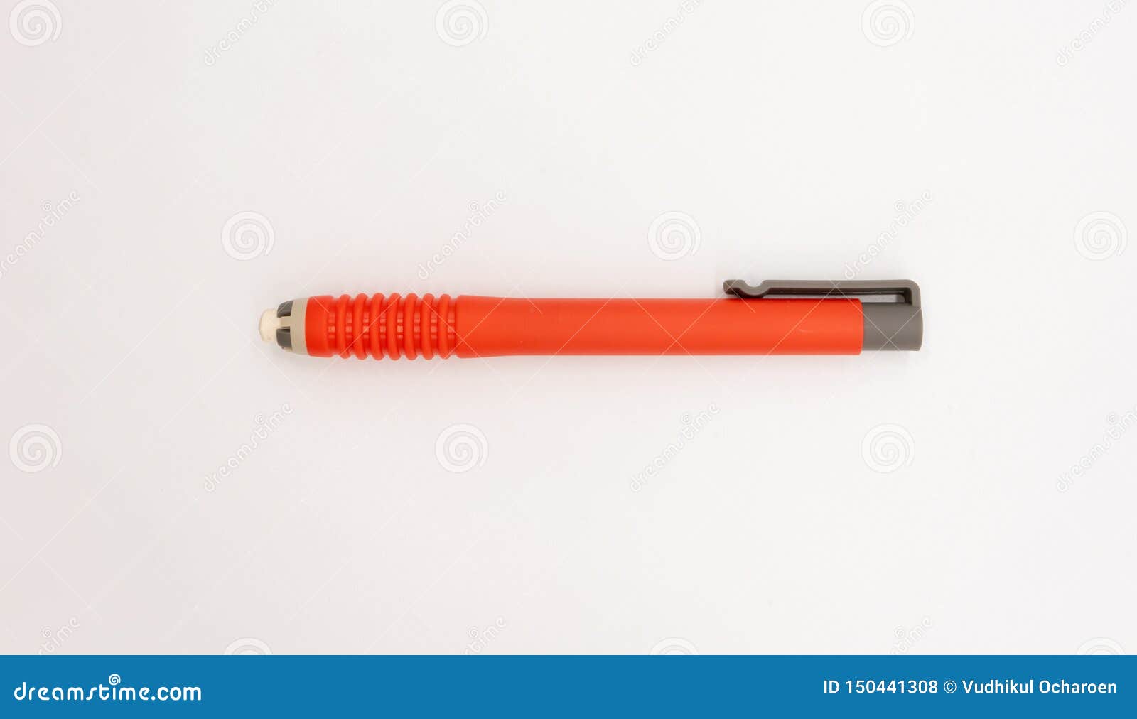 Pen Shaped White Eraser in Red Color Isolated on White Stock Photo
