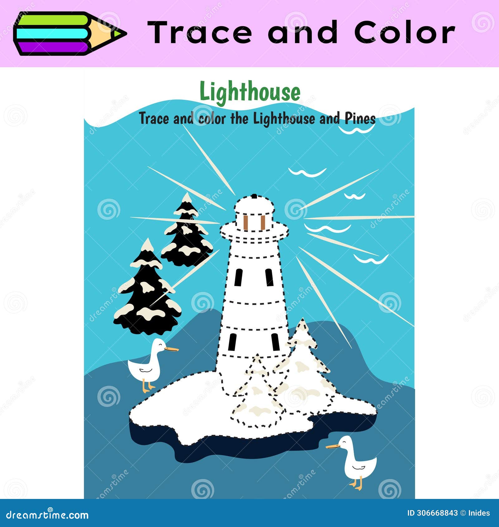 pen tracing lines activity worksheet for children. pencil control for kids practicing motoric skills. lighthouse