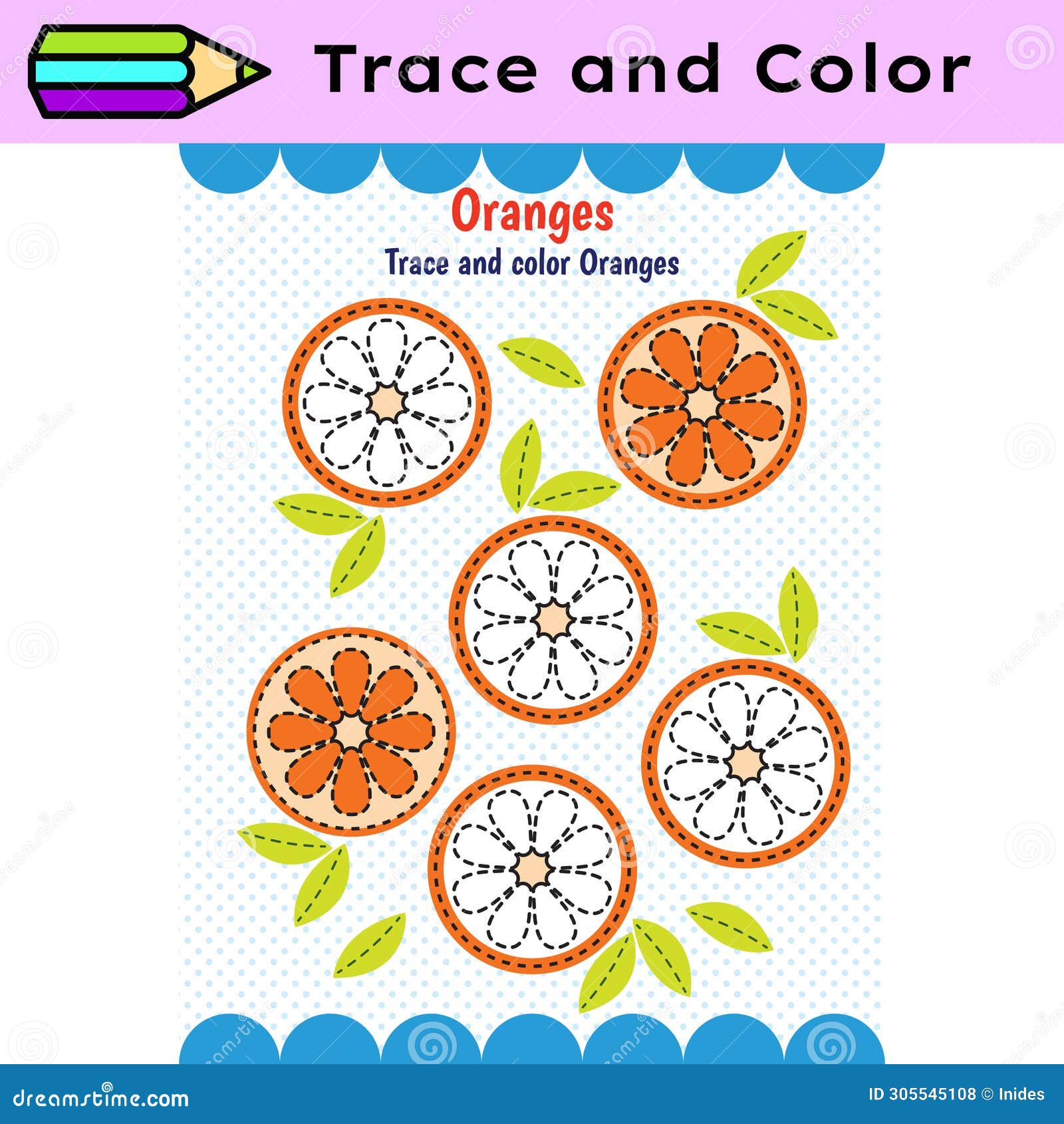 pen tracing lines activity worksheet for children. pencil control for kids practicing motoric skills. oranges