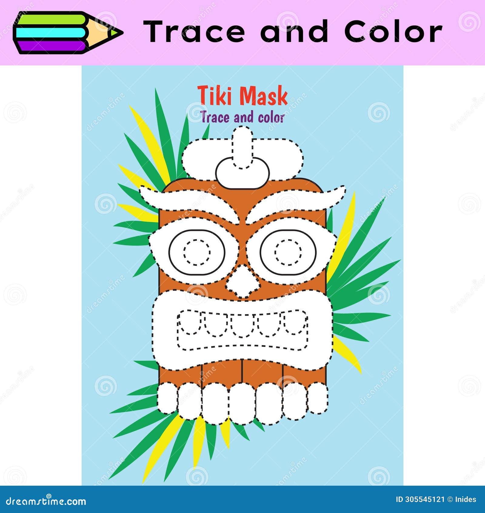 pen tracing lines activity worksheet for children. pencil control for kids practicing motoric skills. tiki mask