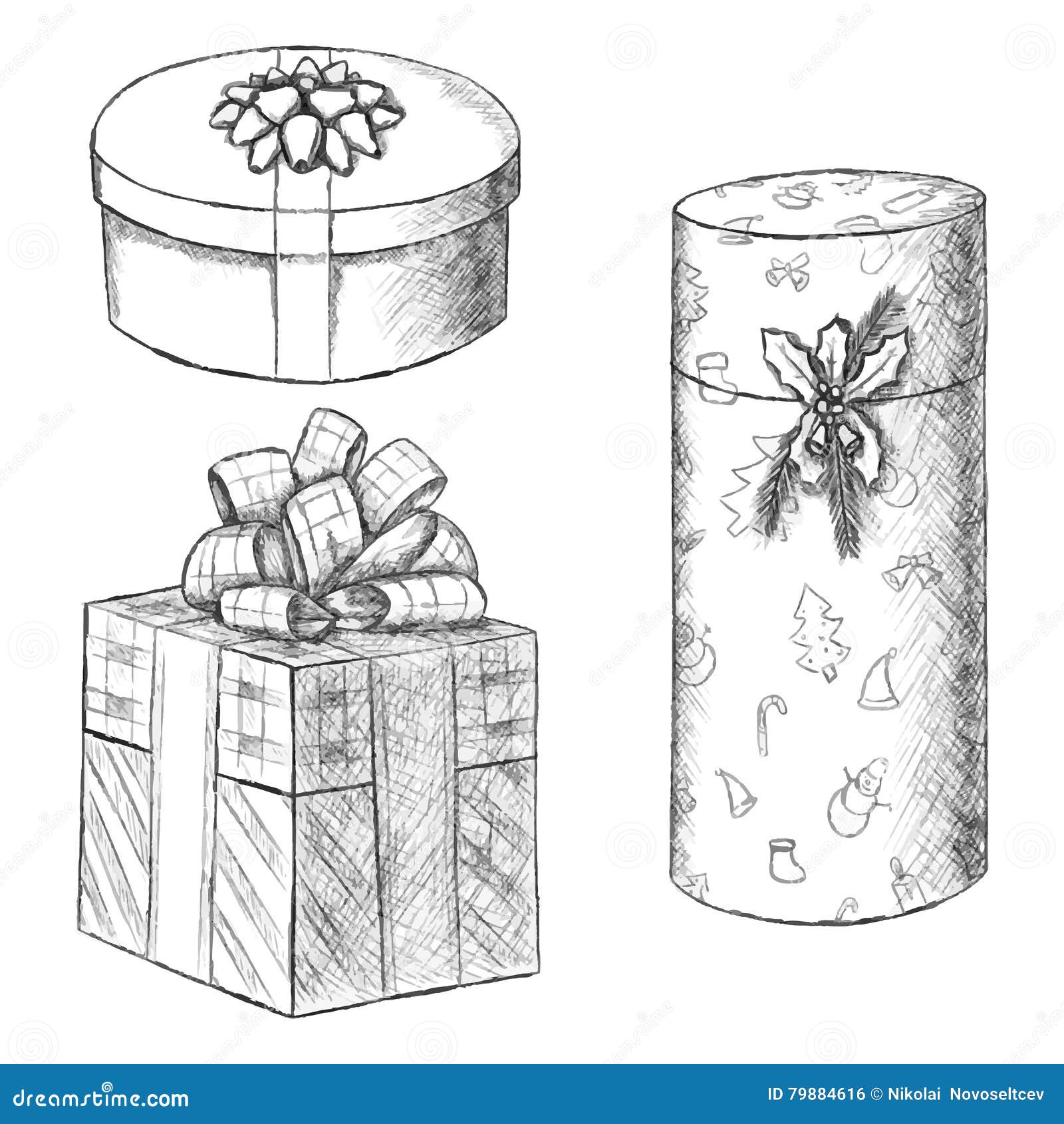Pen Vintage Sketch Hand Drawn Gift Boxes. Stock Vector Illustration
