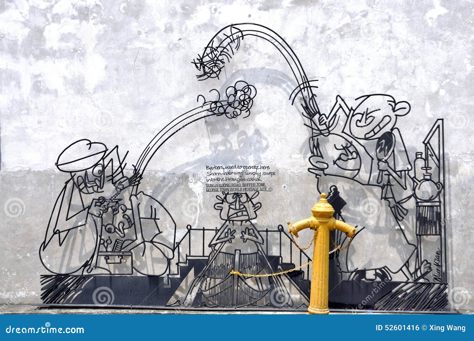 Penang Street Art â€œShorn Hairâ€. Marking George Town: An Idea Competition for UNESCO World Heritage Siteâ€™ in 2009. Today, Sculpture at Work has hung all 52 commissioned steel rod caricatures.